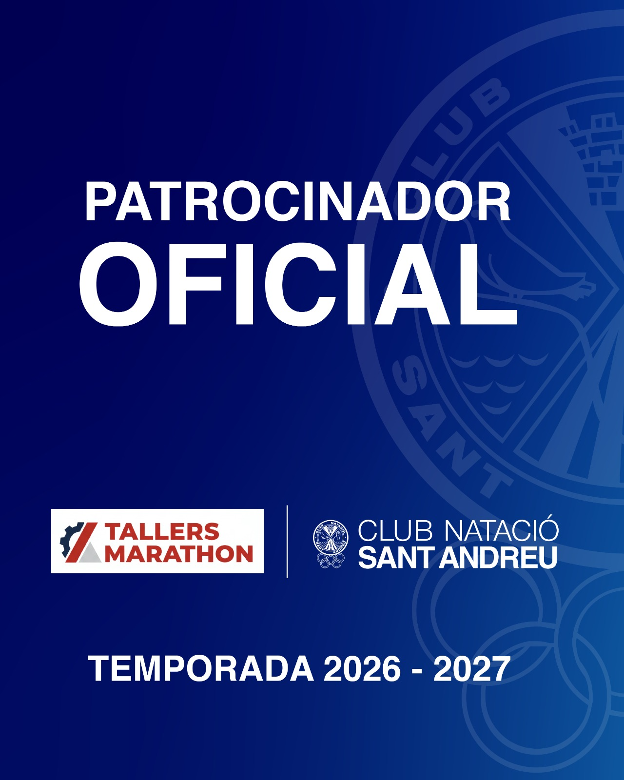 Cartel de Tallers Marathon como patrocinador oficial del Club Natació Sant Andreu, temporada 2026-2027